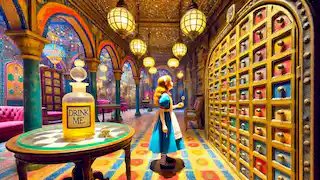 Alice standing in a hall with a row of locked doors, holding a tiny golden key, with a glass table and a bottle labeled 'Drink Me