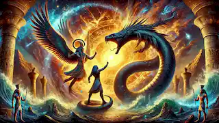 Ra battles the serpent Apep in a cosmic clash of light and chaos.