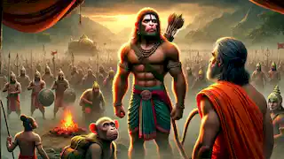 Hanuman stands before Rama and the army, ready to embark on his journey to find the Sanjeevani herb.