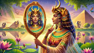 Hathor gazing into a magical mirror by the Nile, surrounded by lush greenery and lotus flowers.