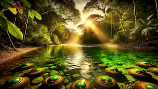 The sacred lagoon in the Amazon rainforest, with sunbeams shining through the trees and Muiraquitãs glowing on the water's surface.