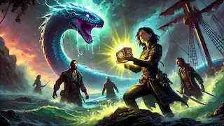 Captain Elara holds a glowing talisman, confronting the Sea Serpent as it retreats into the ocean.