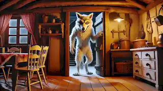 The Wolf stands at the doorway, his paws covered in white flour to resemble Mother Goat's. His menacing grin contrasts with the kids' fearful and confused expressions.