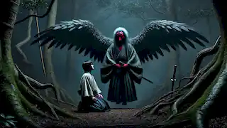 The Tengu, Sōjōbō, meets the young samurai Kenshin in the dark forest of Mount Kurama.