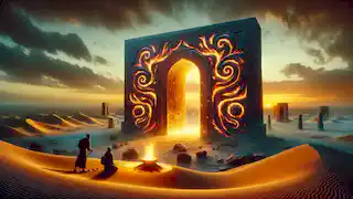 A monumental obsidian gate in the desert with glowing carvings, surrounded by golden sands.