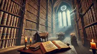 Heinrich studies the alchemist’s journal in a dimly lit library filled with dusty books and cobwebs.