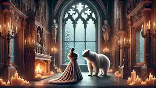 Inside a palace, the princess and the white bear stand by a window, with snow falling outside and a warm fire glowing.