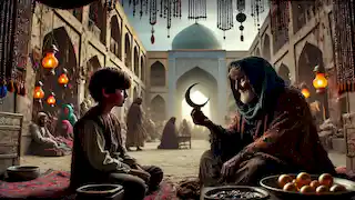 A mysterious old woman gives a talisman to a young boy in a vibrant bazaar surrounded by Persian architecture