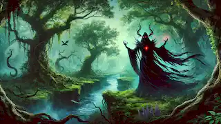 Nyxara, a dark sorceress, spreads her shadow magic, twisting the lush Arcadian forest into an ominous shadowland.