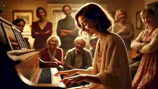 Frances plays piano calmly, smiling, surrounded by friends and family in a warm, cozy living room.