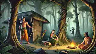 Rama, Sita, and Lakshmana living in exile in a forest, with Rama standing alert and Lakshmana building a fire.