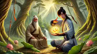 Chen Xiang trains with a Taoist master in a mountain forest, holding the glowing Lotus Lantern amidst ancient trees.