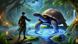 Ambitious warrior Xian reaches for the Black Tortoise by the lake, the tortoise surrounded by a glowing aura.