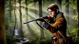 Young Davy Crockett aiming his rifle in the dense forests of Tennessee, learning to hunt