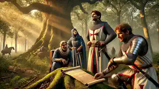 Templar knights near an ancient oak tree in the forests of Burgundy, examining a parchment.