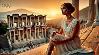  Elara on the steps of the Temple of Artemis, reflecting on her experiences at sunset.