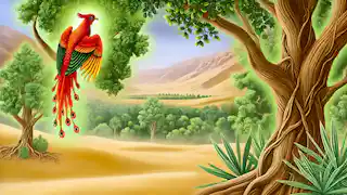 The Phoenix perched in the sacred grove, surrounded by lush frankincense trees and desert sands in the distance.