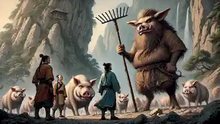 Zhu Bajie holds his large rake in front of a cave as Xuanzang and Sun Wukong observe