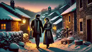 Pilar and her companion walk through a snow-covered village at dusk, traditional houses glowing with warm light.