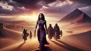 Meret-Ka leading her followers across the desert toward the Valley of the Kings.