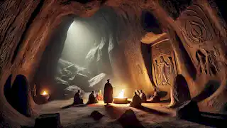 Zoroastrian priests performing rituals by a sacred fire inside an ancient cave, with faint carvings on the walls.