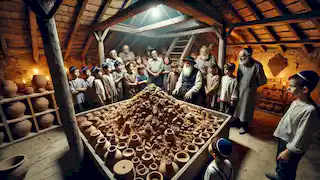 The preserved clay remnants of the golem in the synagogue's attic, with children and elders 