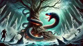 Yggdrasil’s roots in Niflheim, with the serpent Nidhogg gnawing at them amidst a dark, icy atmosphere.