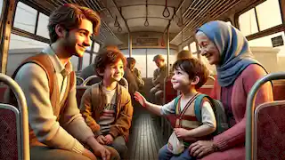 Amir smiles at a mother and child boarding the bus; his grandmother offers a small gift to the mother.