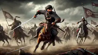 Alpamysh fights fiercely on the battlefield, leading his warriors in a clash against Taychihan's army.