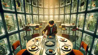 Inside the glass mountain chamber, the girl drops a ring into a cup, with seven plates and cups set on the table.