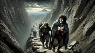 Frodo and Sam climb the steep, rocky path of Cirith Ungol, with Mount Doom looming ominously in the distance.