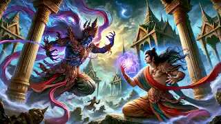 Naravahanadatta battles sorcerer Mayasabha in the city of Kanchanapura, amidst dark skies and magical forces.