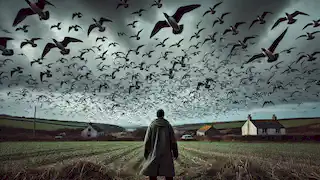 Nat watching in concern as birds flock over the fields near his coastal village, filling the sky ominously