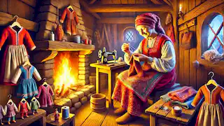 The shoemaker’s wife sewing tiny clothes by a warm fireplace, surrounded by fabrics and threads.