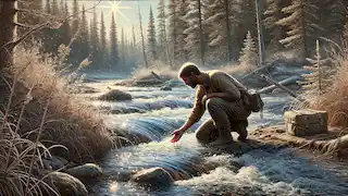 A man kneels by the edge of a fast-moving river, dipping his hand into the cold, clear water.