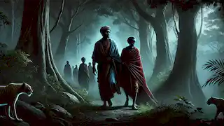 Sunjata Keita and his mother in exile, walking through a dense forest with a few loyal followers under the moonlight.