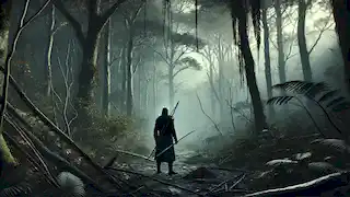  Warrin stands alone in the quiet forest after the battle, his spear lowered as he reflects on the spirits' warnings.