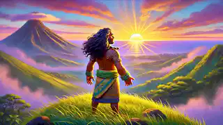  Maui watches the sun rise in peace after releasing it, standing on a hilltop with a tranquil landscape around him.