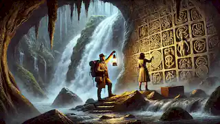 Rafael and Isabel discover a mysterious cave with ancient carvings illuminated by a lantern.