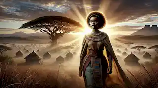 Naledi, empowered by the tree's magic, walks back to the village of Ekuseni with the morning sun rising behind her