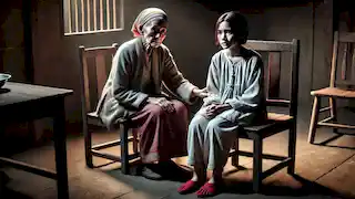 An elderly woman with an axe, preparing to cut off Karen's feet to remove the cursed red shoes.