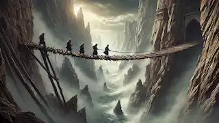 Three brothers carefully cross a swaying wooden bridge over a deep chasm amidst swirling mists.