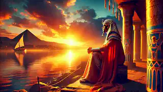 Khem sitting by the Nile River at sunset, gazing at the horizon, deep in thought after his journey.