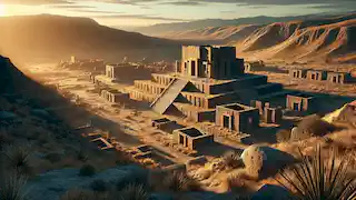 The ruins of Tiwanaku city with overgrown vegetation and stone structures under a setting sun.