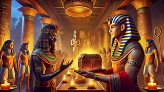 Set presents a sarcophagus to Osiris at a grand feast under torchlight.