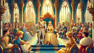 Rapunzel and the prince ruling from a grand throne room, surrounded by advisors and subjects.