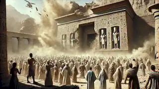 Priests and citizens watch in horror as the sacred temple of Waset crumbles, symbolizing the collapse of order and balance.