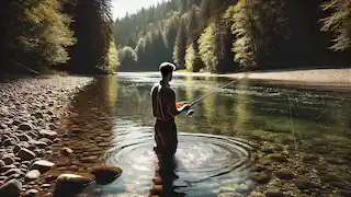 A man standing in shallow waters, casting a fishing line into a clear river, surrounded by trees and rocks