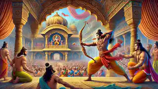 Rama lifting and breaking the mighty bow of Lord Shiva during Sita's swayamvara.