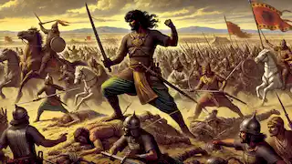 The Battle of Kirina, with Sundiata leading his forces against Sumanguru's army on a vast battlefield.